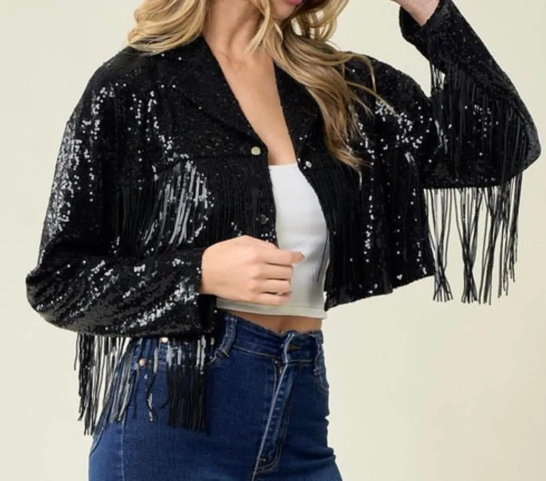 FNL Fringe Sequins Jackets: Sequins Fringe Cropped Jackets