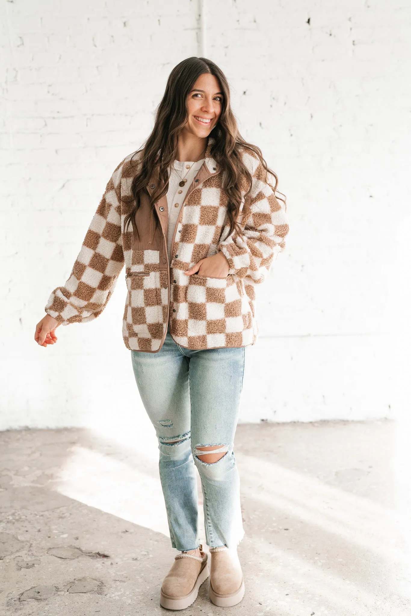 It Girl Checkered Sherpa Jacket