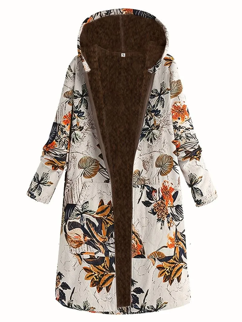 Jas met capuchon, bloemenprint en zak