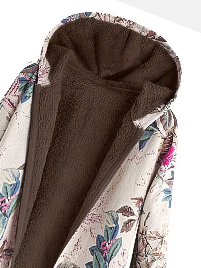 Jas met capuchon, bloemenprint en zak