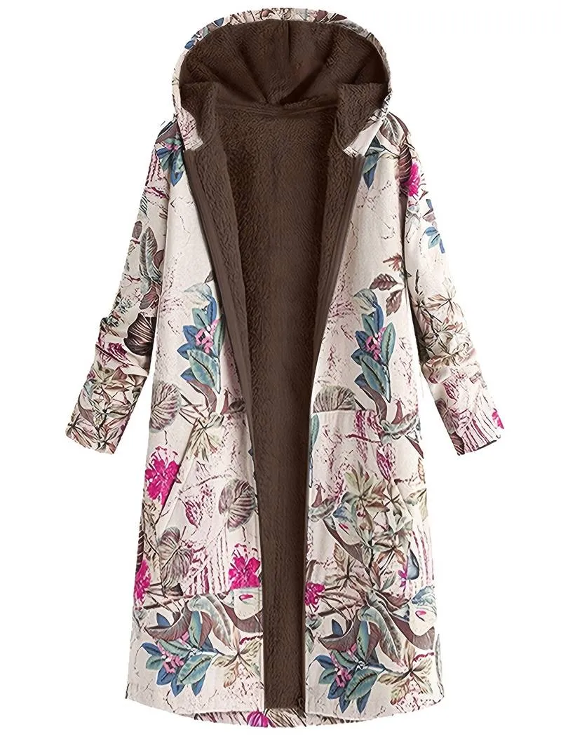 Jas met capuchon, bloemenprint en zak