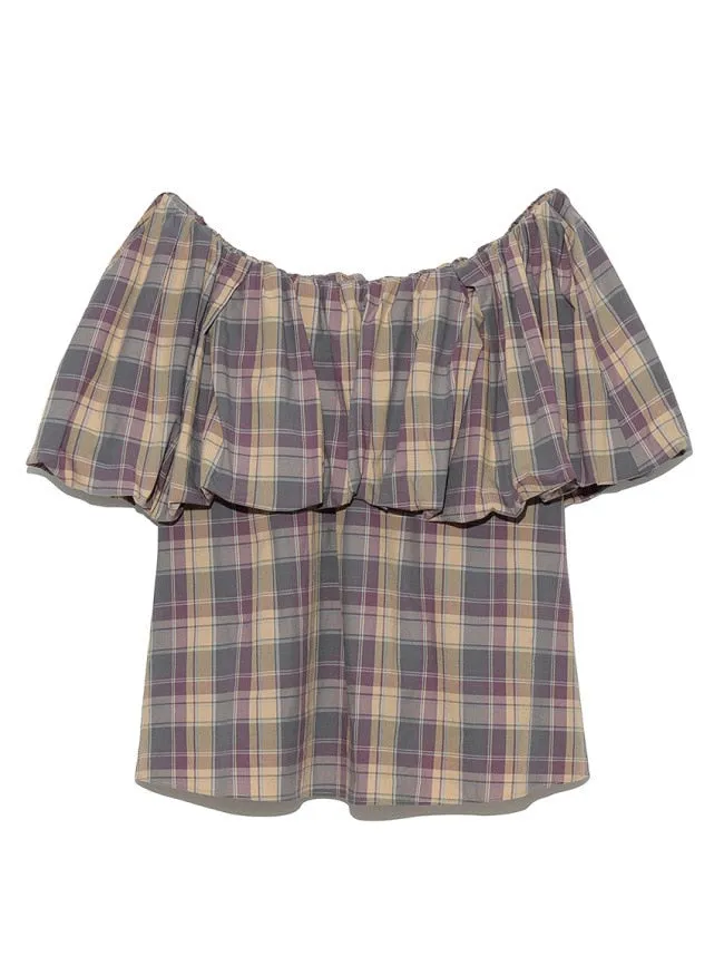 Joskaa Christmas Gift Kuzuwata 2024 Autumn New Women Blusas Japan Style Sweet Shirts Slash Collar Puff Sleeve Back Bandage Mixed Plaid Solid Blouses