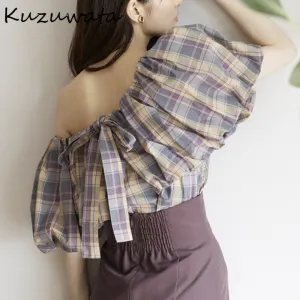 Joskaa Christmas Gift Kuzuwata 2024 Autumn New Women Blusas Japan Style Sweet Shirts Slash Collar Puff Sleeve Back Bandage Mixed Plaid Solid Blouses