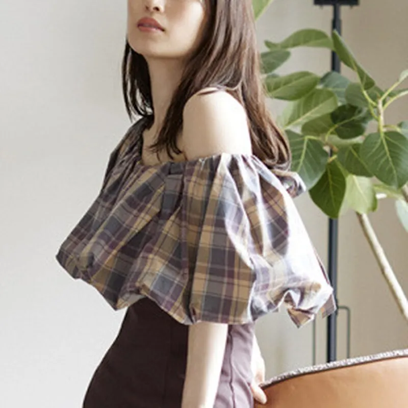 Joskaa Christmas Gift Kuzuwata 2024 Autumn New Women Blusas Japan Style Sweet Shirts Slash Collar Puff Sleeve Back Bandage Mixed Plaid Solid Blouses