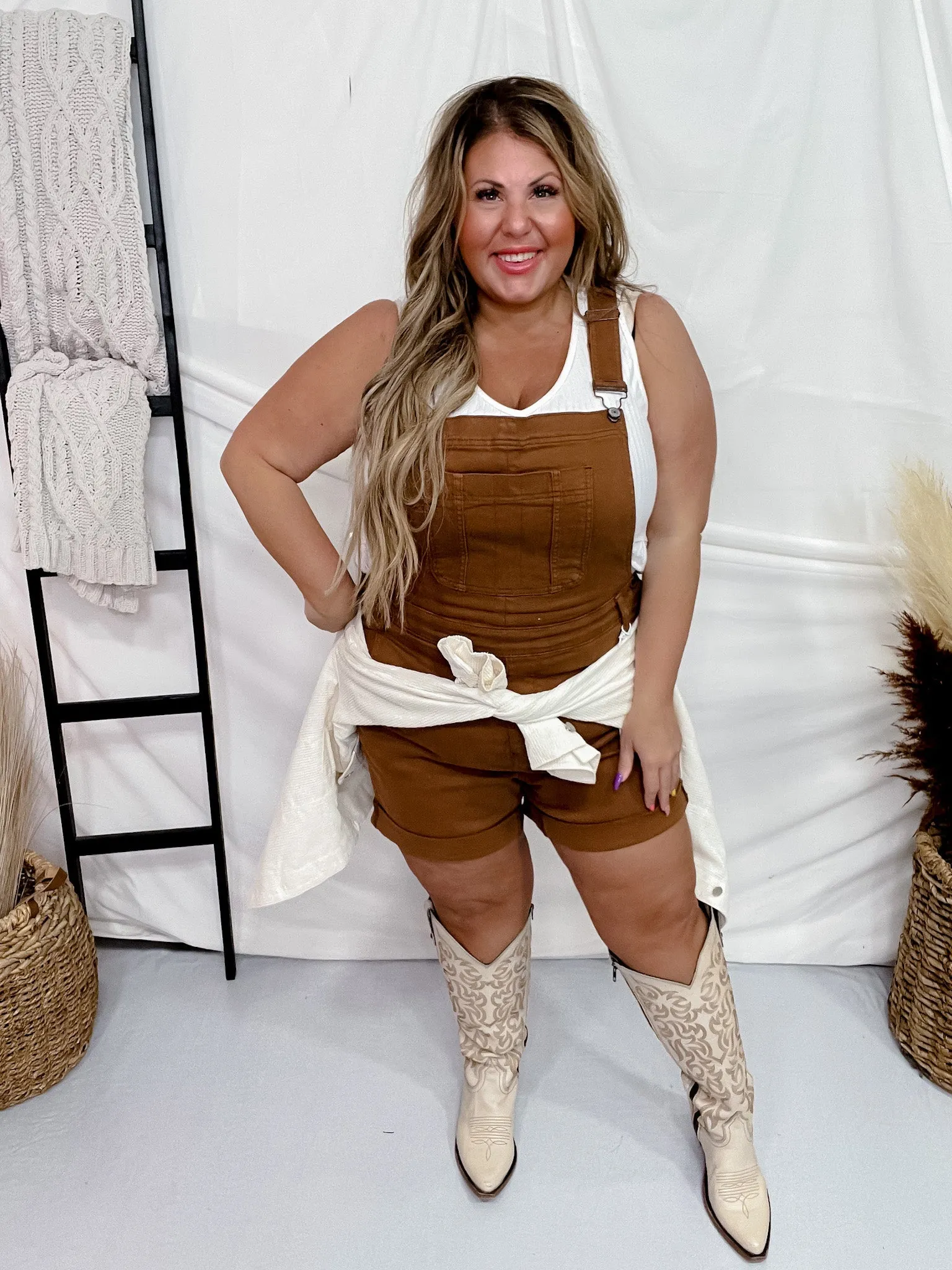 Judy Blue High Waist Brown Garment Dyed Destroy Cuff Overall Shorts FINAL SALE