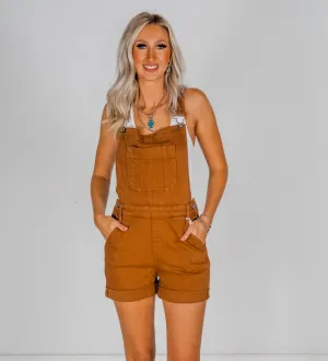 Judy Blue High Waist Brown Garment Dyed Destroy Cuff Overall Shorts FINAL SALE