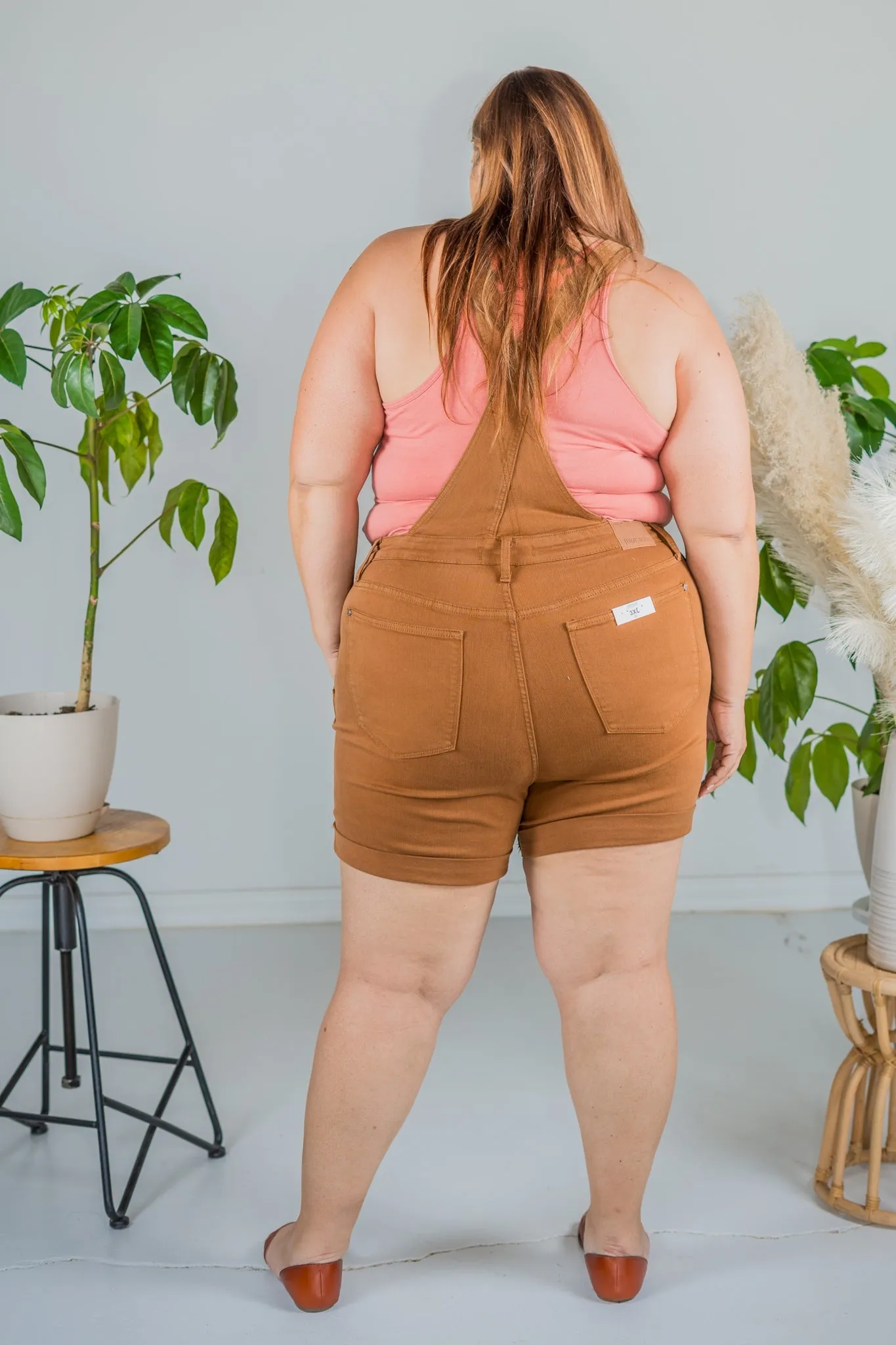 Judy Blue High Waist Brown Garment Dyed Destroy Cuff Overall Shorts FINAL SALE