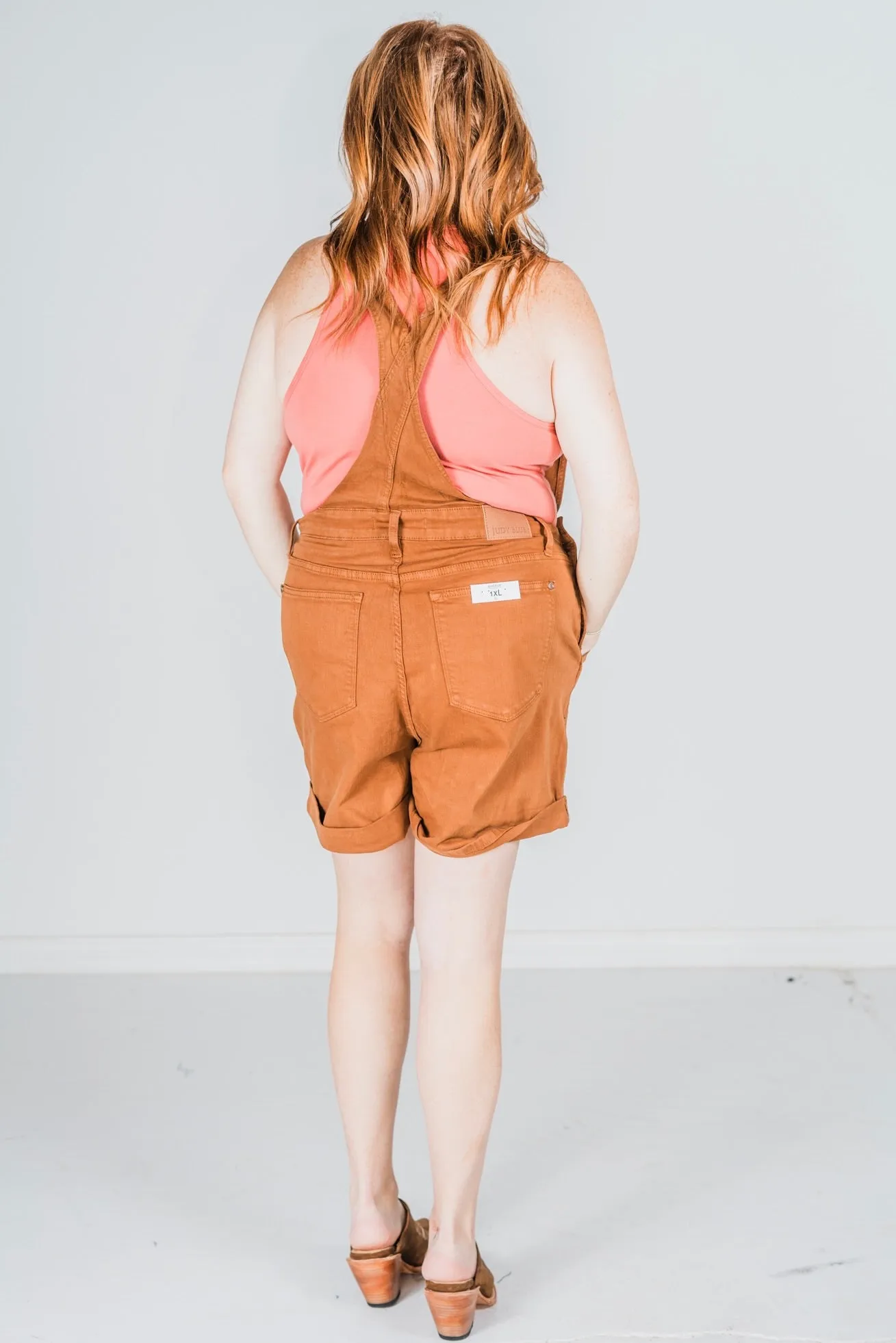 Judy Blue High Waist Brown Garment Dyed Destroy Cuff Overall Shorts FINAL SALE