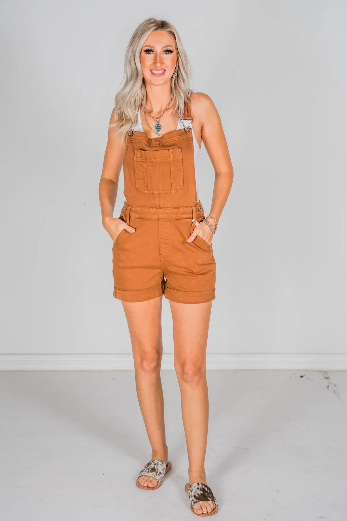 Judy Blue High Waist Brown Garment Dyed Destroy Cuff Overall Shorts FINAL SALE