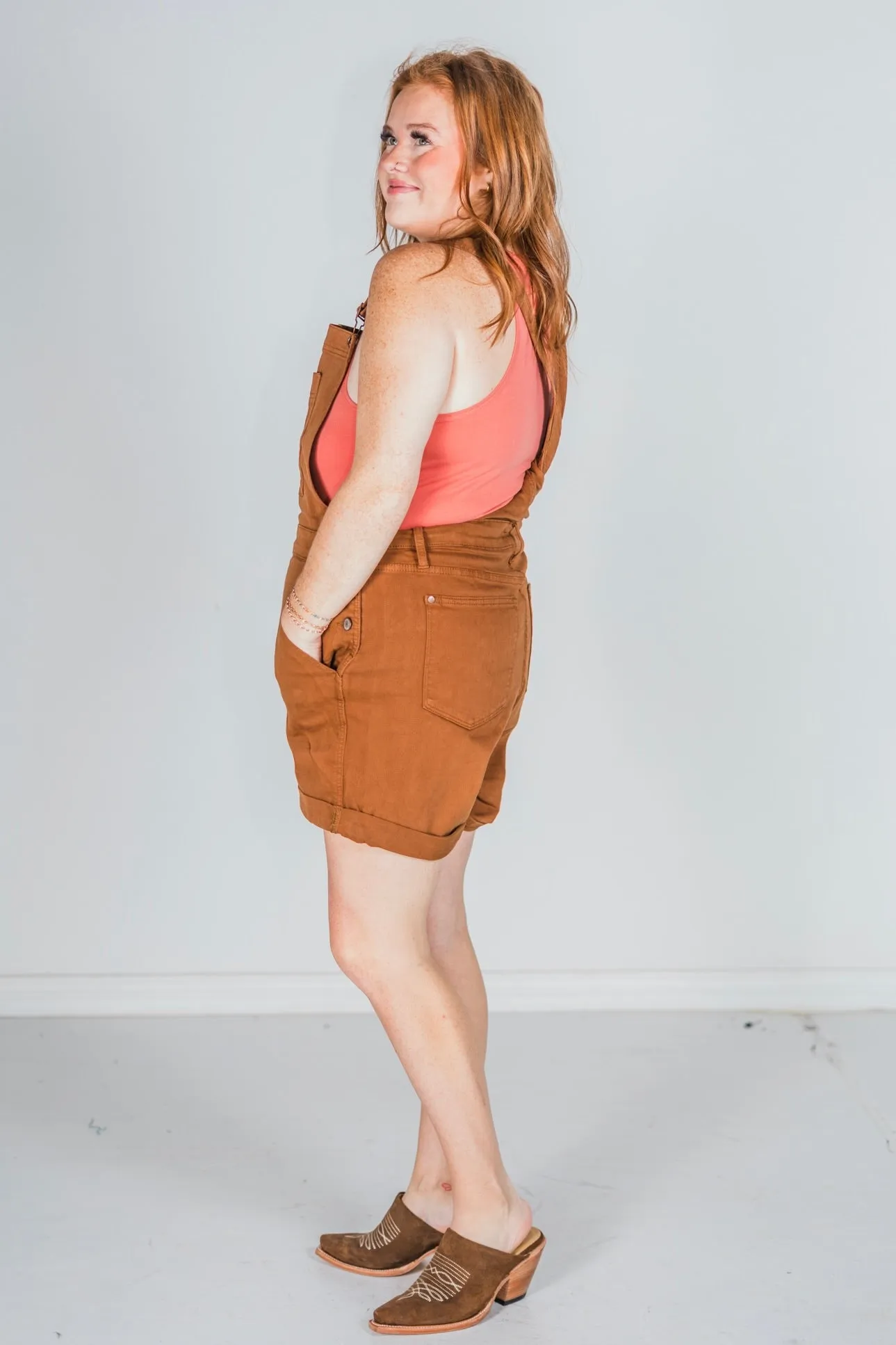 Judy Blue High Waist Brown Garment Dyed Destroy Cuff Overall Shorts FINAL SALE