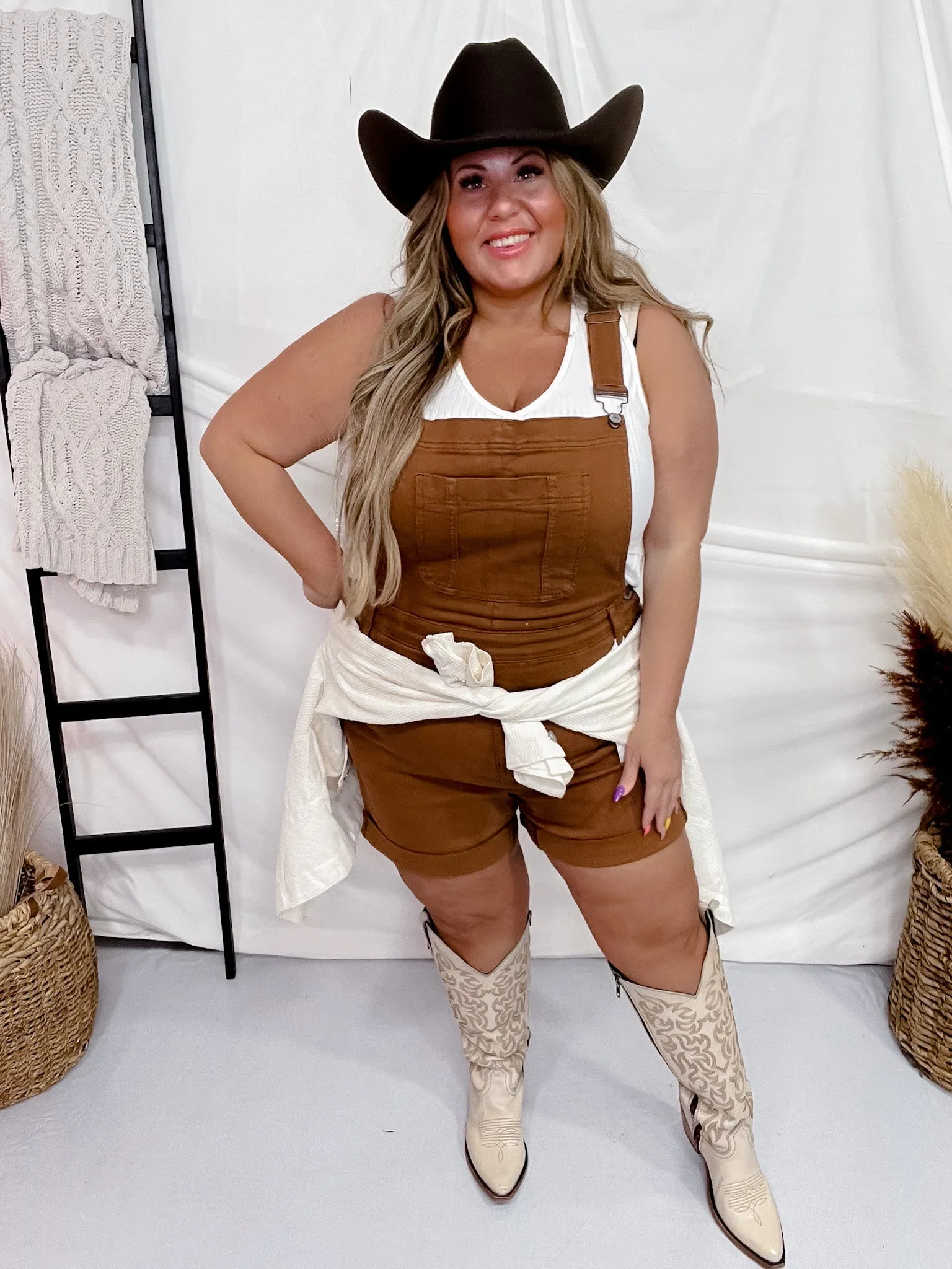 Judy Blue High Waist Brown Garment Dyed Destroy Cuff Overall Shorts FINAL SALE