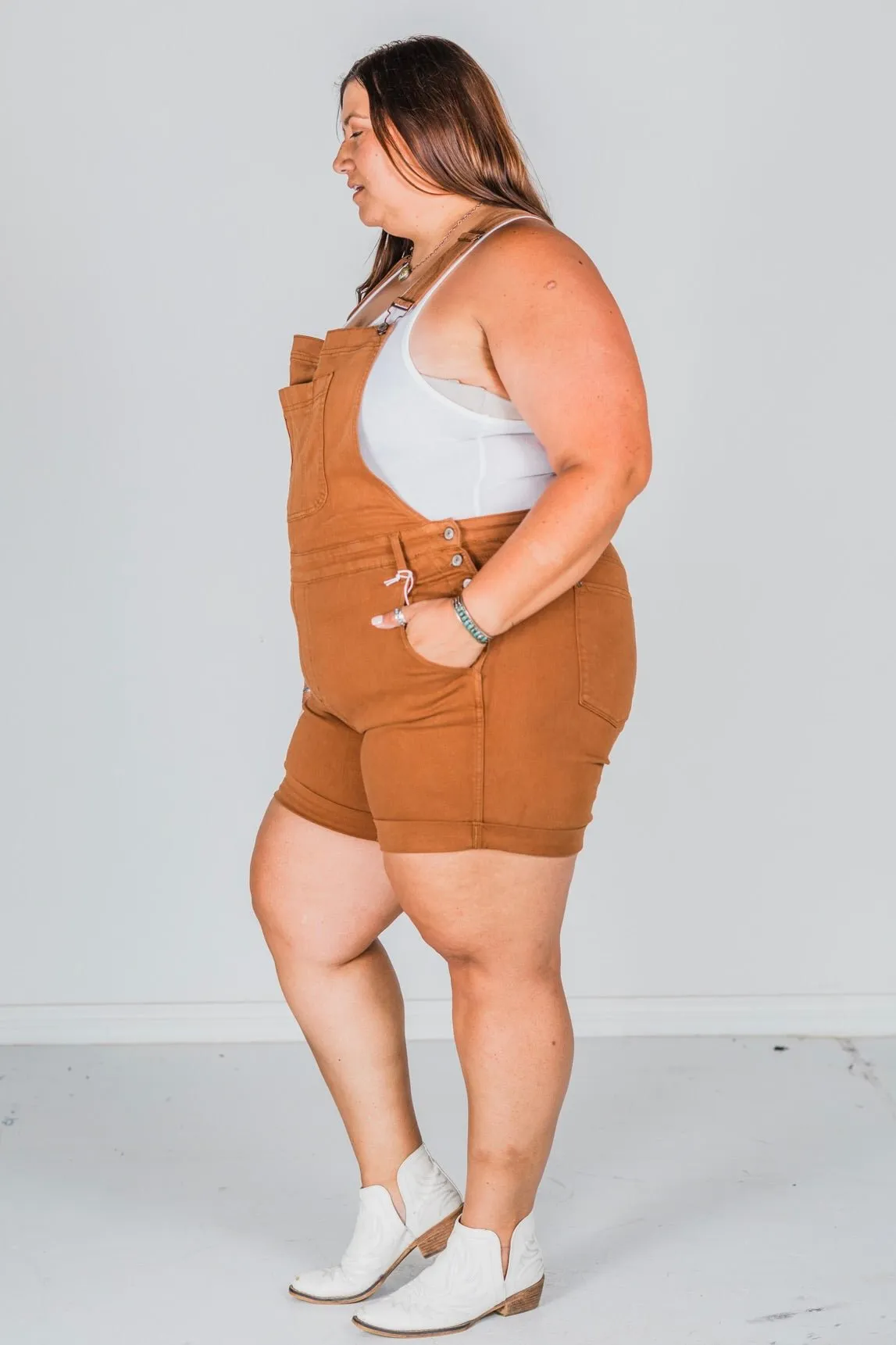 Judy Blue High Waist Brown Garment Dyed Destroy Cuff Overall Shorts FINAL SALE