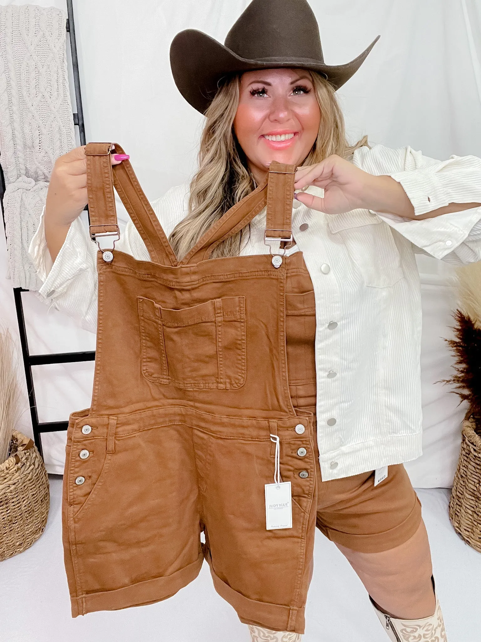 Judy Blue High Waist Brown Garment Dyed Destroy Cuff Overall Shorts FINAL SALE