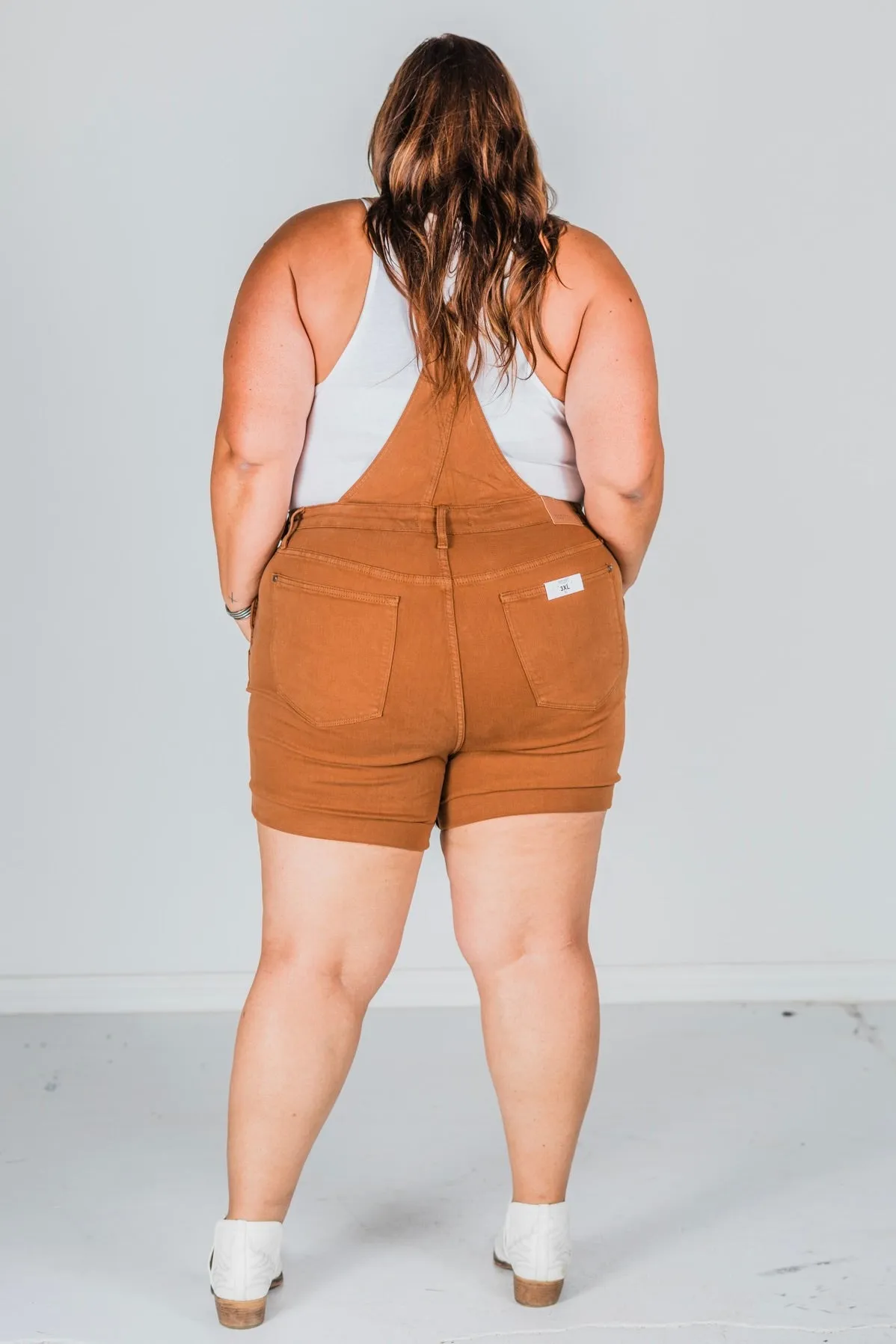 Judy Blue High Waist Brown Garment Dyed Destroy Cuff Overall Shorts FINAL SALE