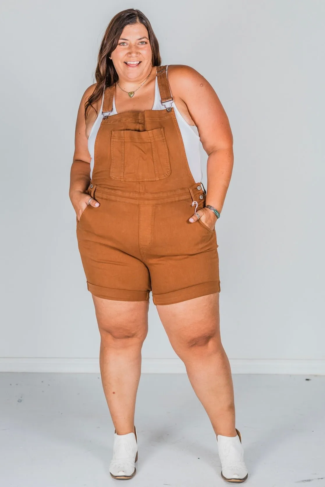 Judy Blue High Waist Brown Garment Dyed Destroy Cuff Overall Shorts FINAL SALE