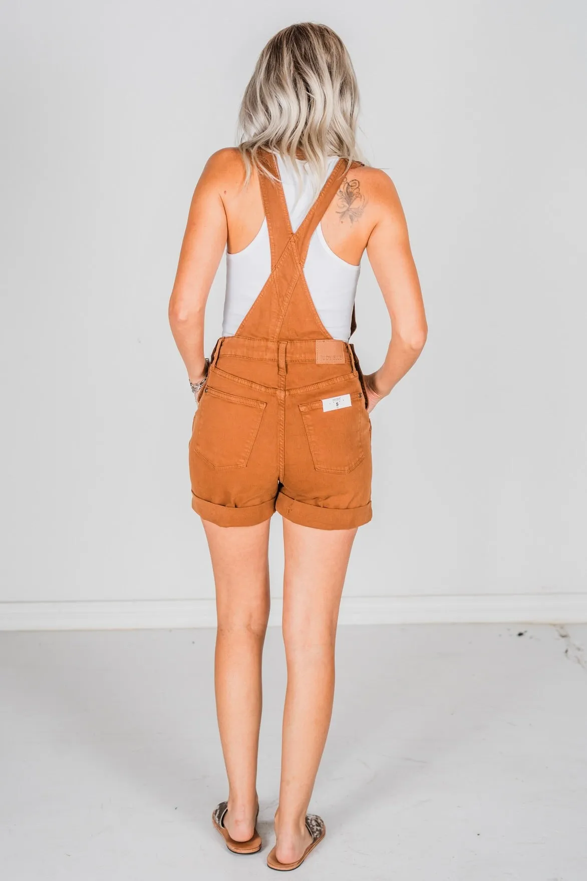 Judy Blue High Waist Brown Garment Dyed Destroy Cuff Overall Shorts FINAL SALE