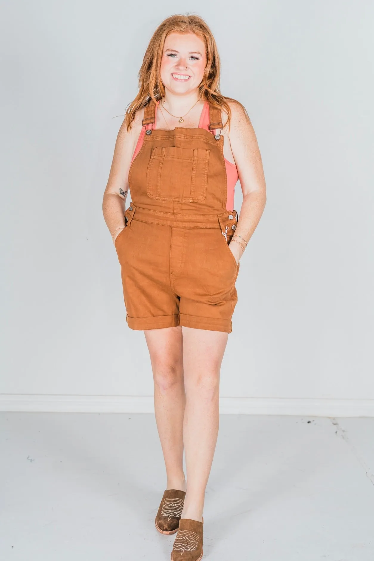 Judy Blue High Waist Brown Garment Dyed Destroy Cuff Overall Shorts FINAL SALE
