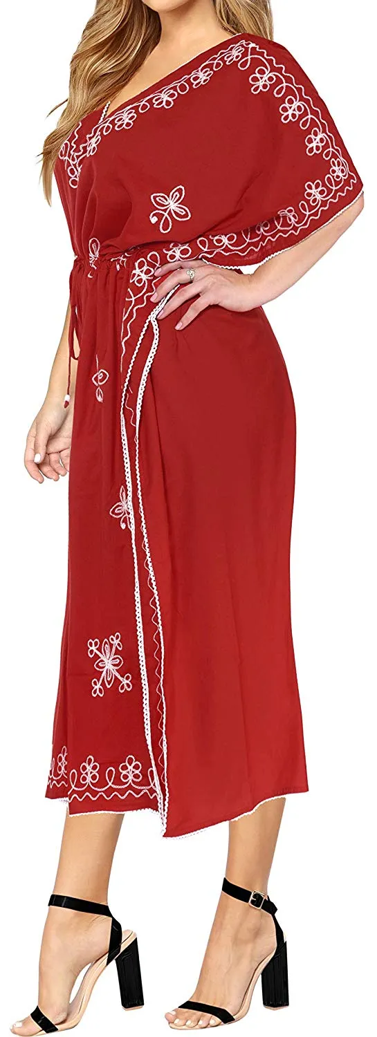 LA LEELA Rayon Solid Drawstring Dress OSFM 14-30 [L-5X] Red_3595