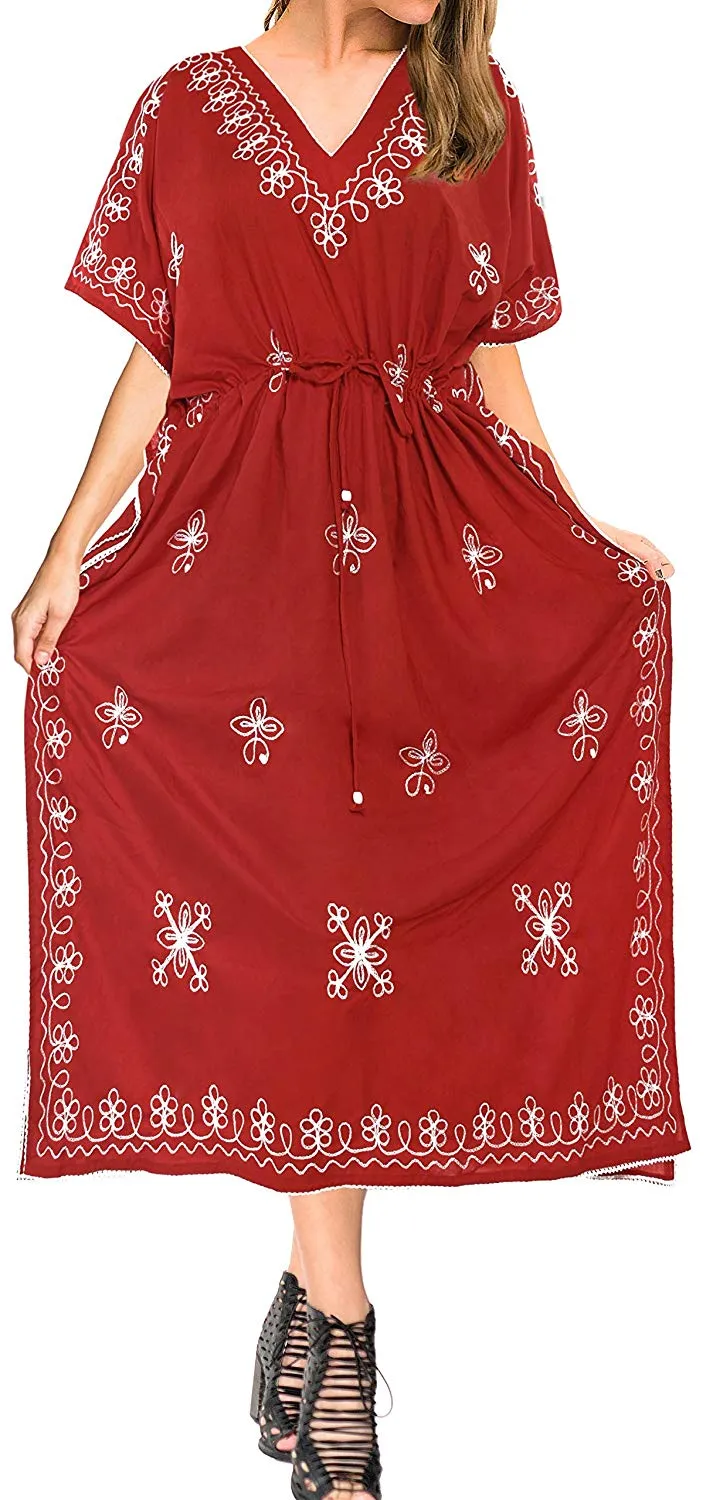 LA LEELA Rayon Solid Drawstring Dress OSFM 14-30 [L-5X] Red_3595