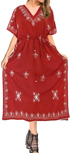 LA LEELA Rayon Solid Drawstring Dress OSFM 14-30 [L-5X] Red_3595