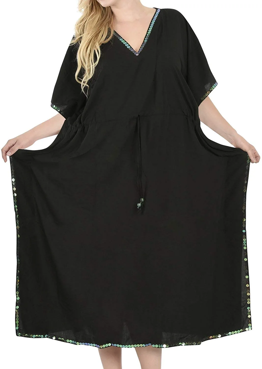 LA LEELA Rayon Solid Drawstring Dress OSFM 14-30 [L-5X] Red_3595