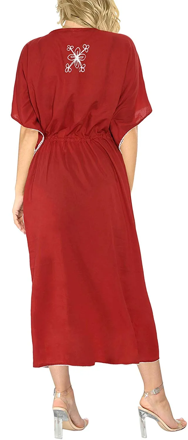 LA LEELA Rayon Solid Drawstring Dress OSFM 14-30 [L-5X] Red_3595