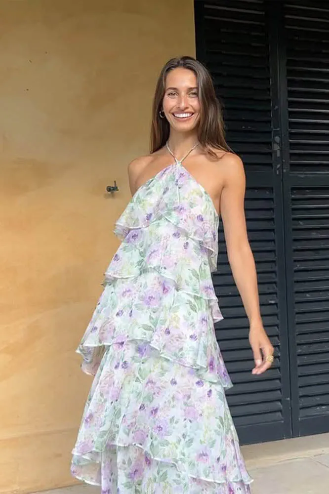 Layered Floral Halter Maxi Dress
