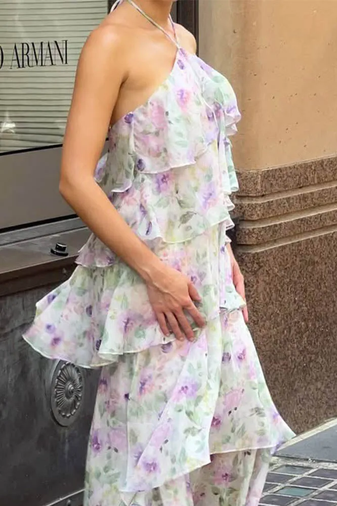 Layered Floral Halter Maxi Dress