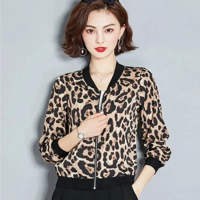 Leopard Print Women's Bomber Jacket - Thin Stand Collar Long Sleeve Casual Coat in Plus Sizes
