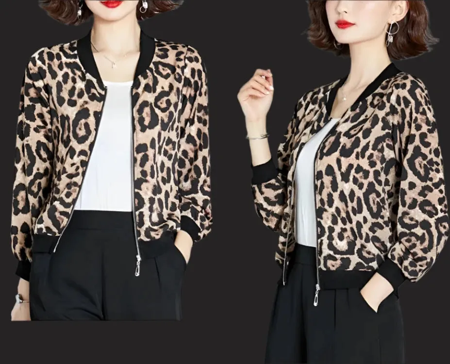 Leopard Print Women's Bomber Jacket - Thin Stand Collar Long Sleeve Casual Coat in Plus Sizes