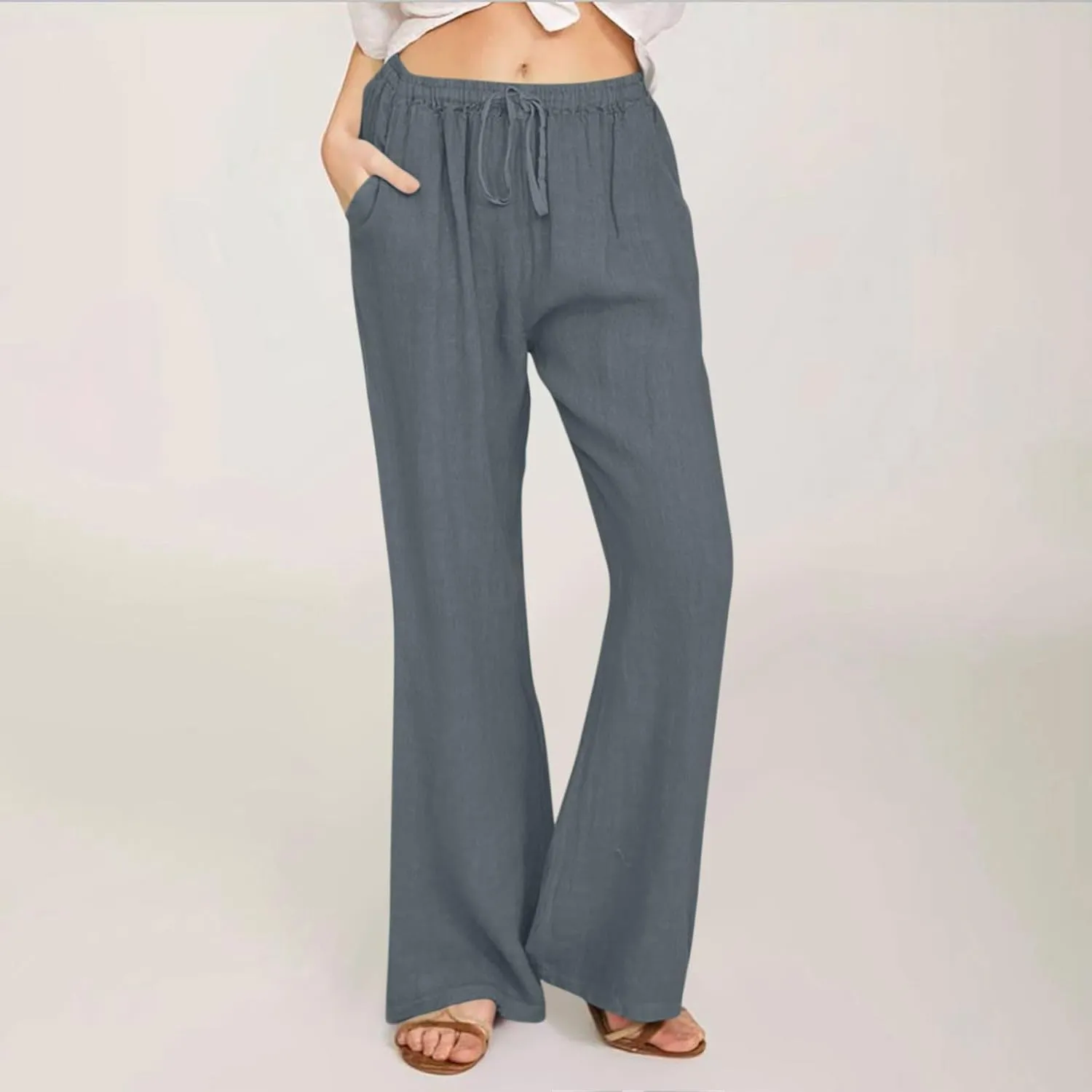 Linen Pants Women Cotton Linen Summer Palazzo Pants Flowy Wide Leg Beach Trousers Vacation Travel Pants with Pockets