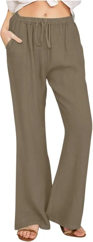 Linen Pants Women Cotton Linen Summer Palazzo Pants Flowy Wide Leg Beach Trousers Vacation Travel Pants with Pockets