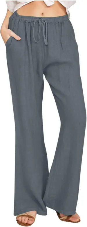 Linen Pants Women Cotton Linen Summer Palazzo Pants Flowy Wide Leg Beach Trousers Vacation Travel Pants with Pockets