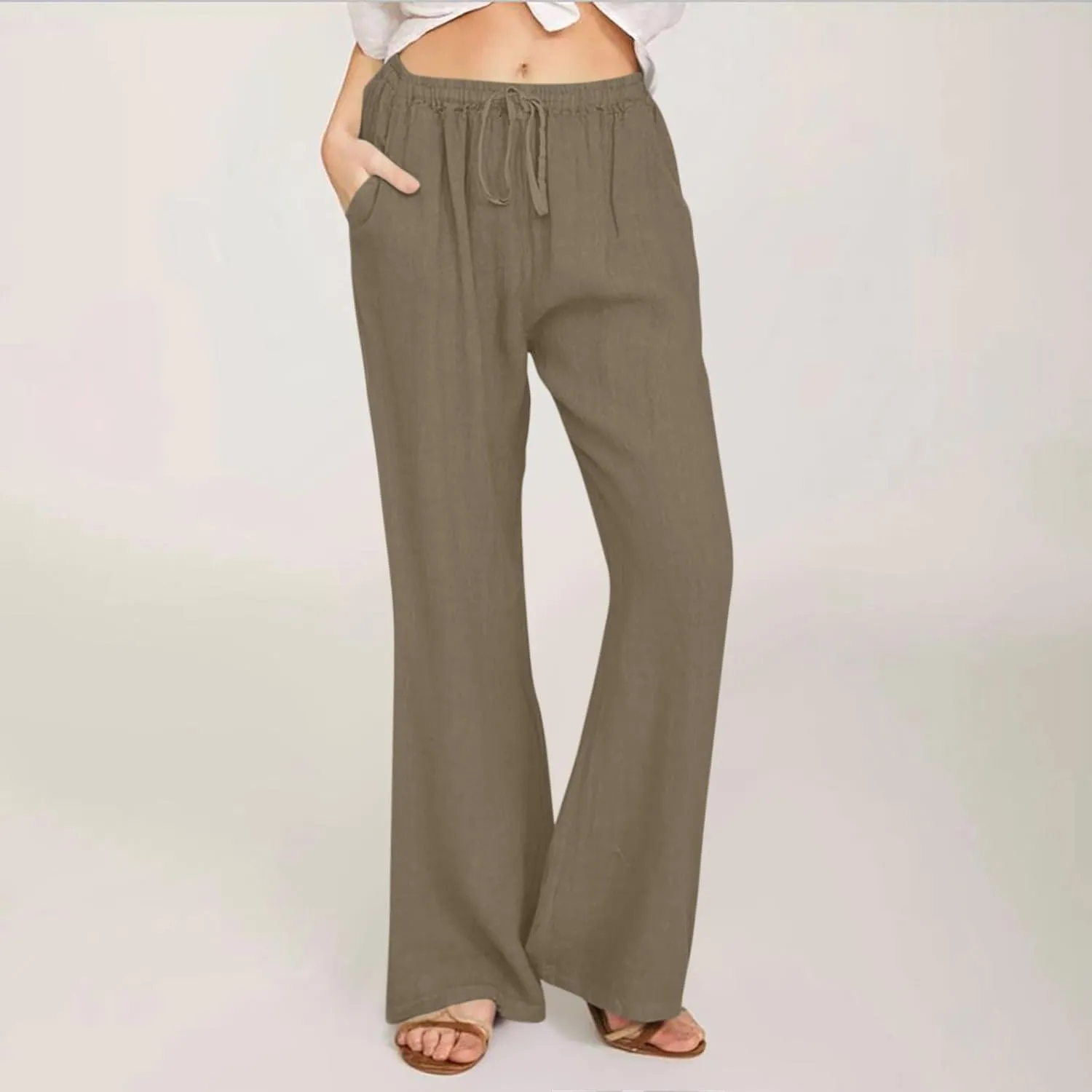 Linen Pants Women Cotton Linen Summer Palazzo Pants Flowy Wide Leg Beach Trousers Vacation Travel Pants with Pockets