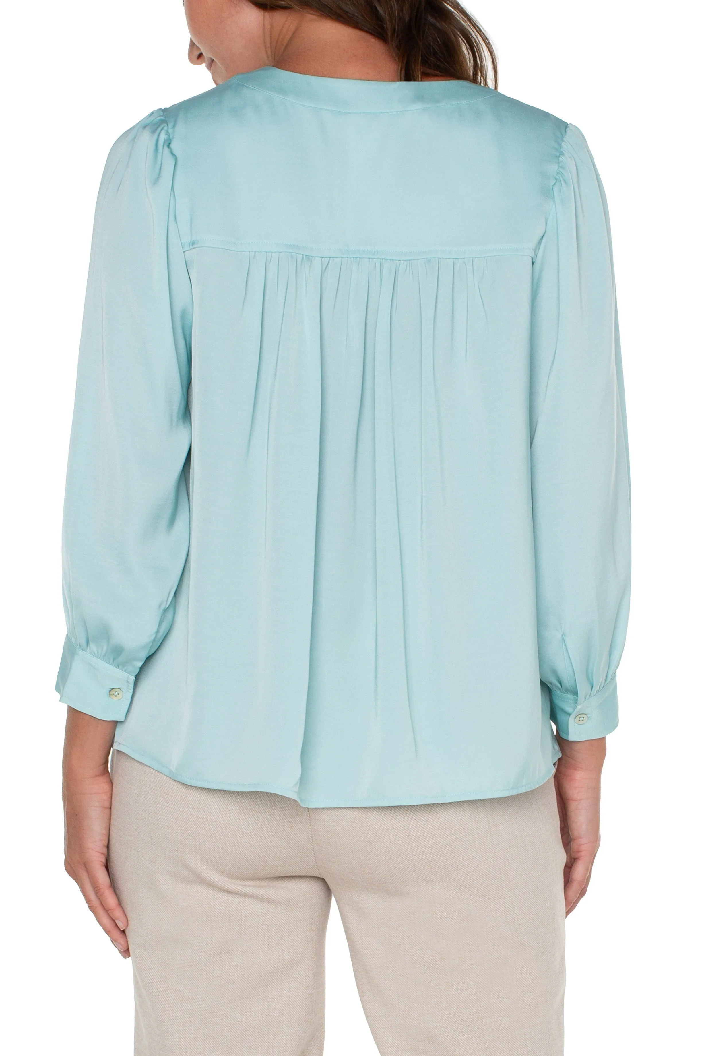Liverpool V Neck Popover Woven Blouse In Pastel Turquoise