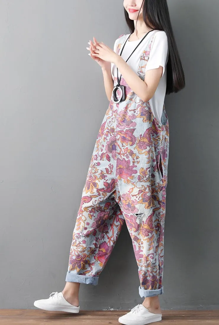 Loose-Fit Floral Ethnic Ripped Denim Overalls