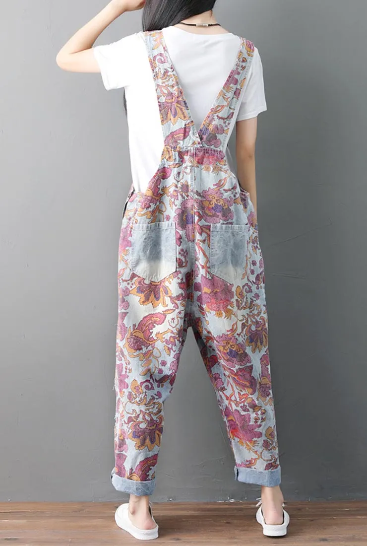 Loose-Fit Floral Ethnic Ripped Denim Overalls