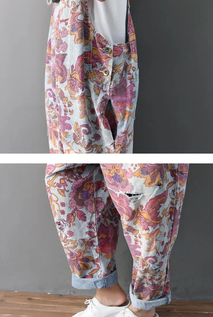 Loose-Fit Floral Ethnic Ripped Denim Overalls
