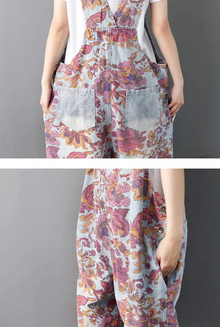 Loose-Fit Floral Ethnic Ripped Denim Overalls