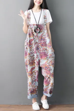 Loose-Fit Floral Ethnic Ripped Denim Overalls