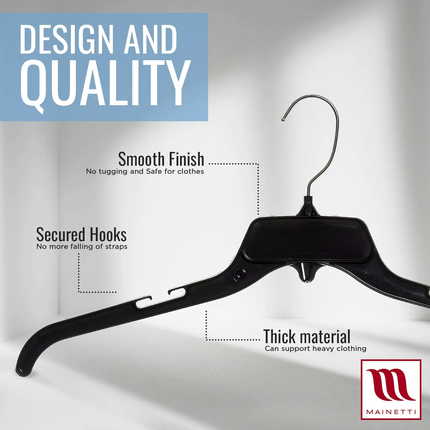 Mainetti 479, 19" Black Plastic, Shirt Top Dress Hangers, with metal hook and notches for straps