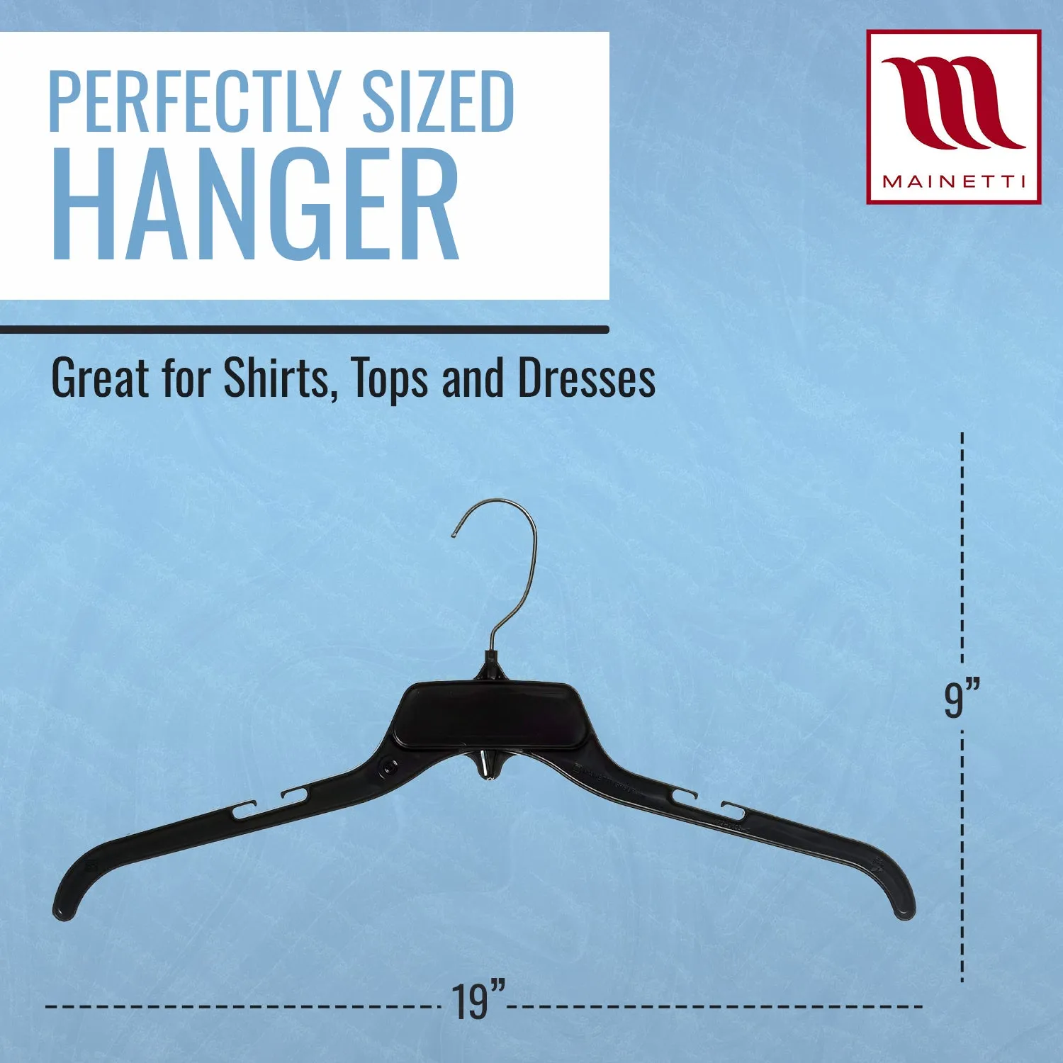 Mainetti 479, 19" Black Plastic, Shirt Top Dress Hangers, with metal hook and notches for straps