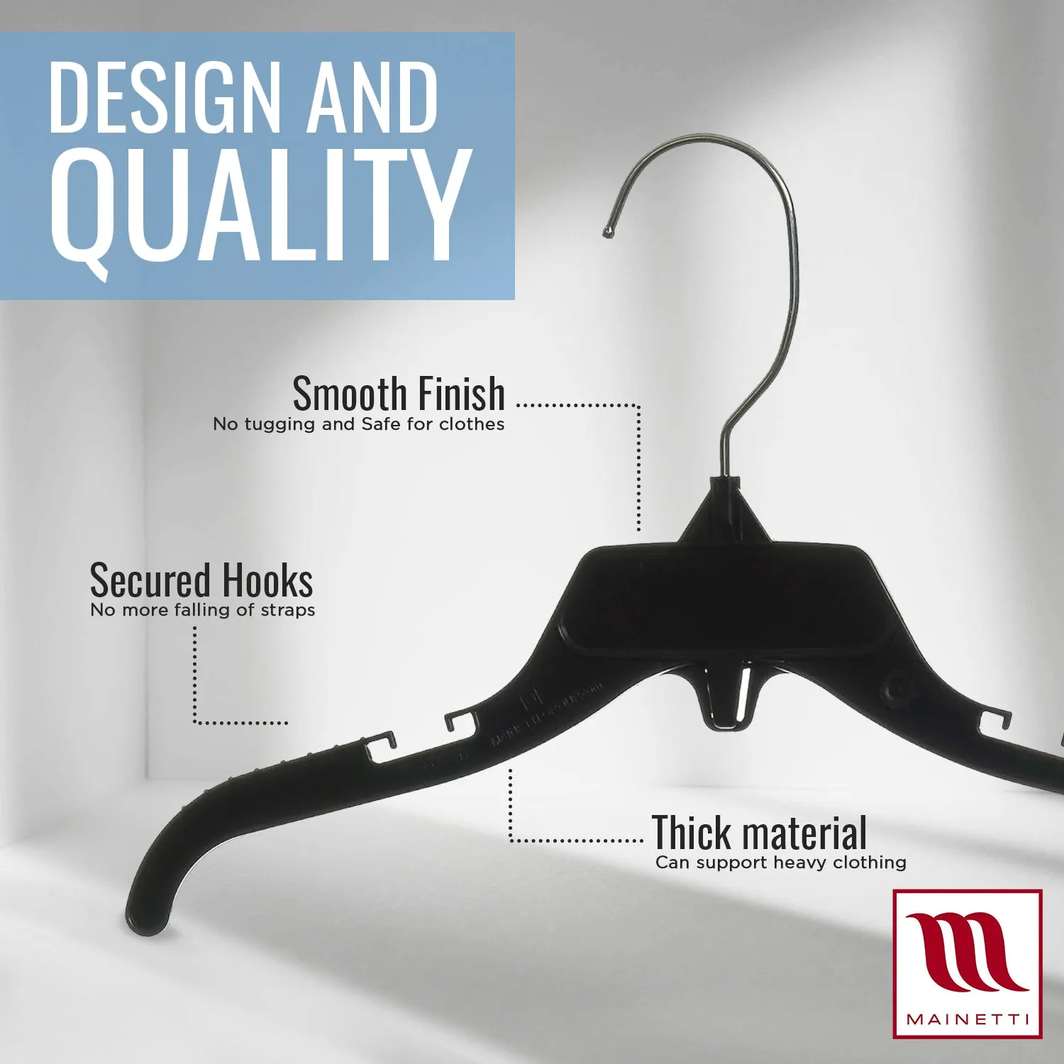 Mainetti 498, 12" Black Plastic, Shirt Top Dress Hangers, with turnable metal hook and notches for straps