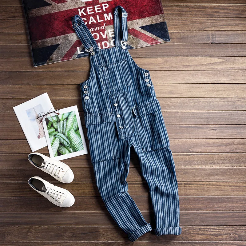 Men's Oversize Striped Denim Jumpsuit Suspender Pants Streetwear Overalls