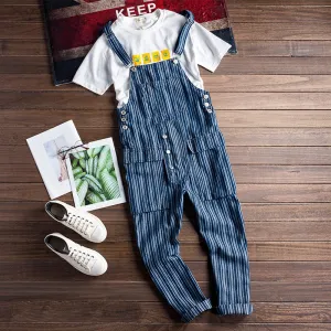 Men's Oversize Striped Denim Jumpsuit Suspender Pants Streetwear Overalls