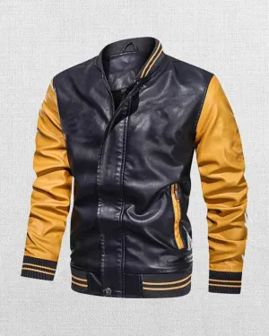 MEN'S VINTAGE COLOR BLOCK LEATHER BASEBALL JACKET