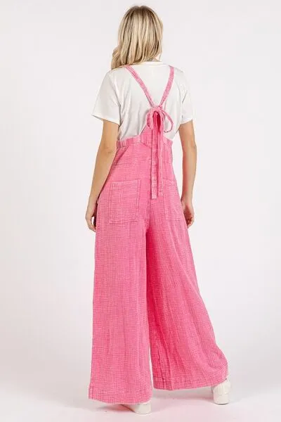 Mittoshop Washed Barbie Pink Textured Wide Leg Overalls