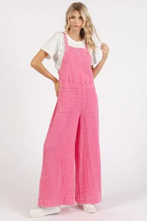 Mittoshop Washed Barbie Pink Textured Wide Leg Overalls