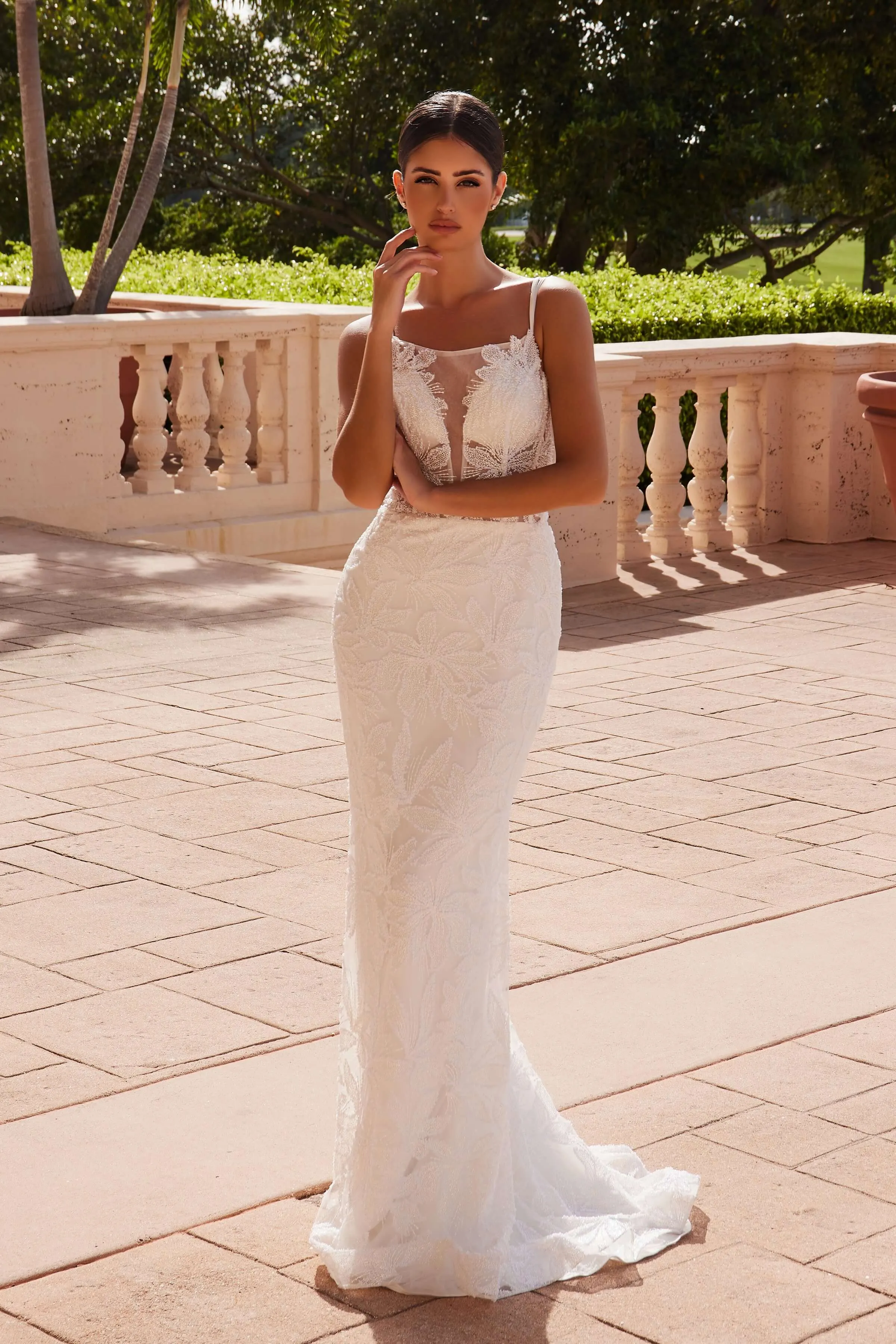NOX ANABEL C1628W Detachable Skirt Beaded Long Wedding Dress