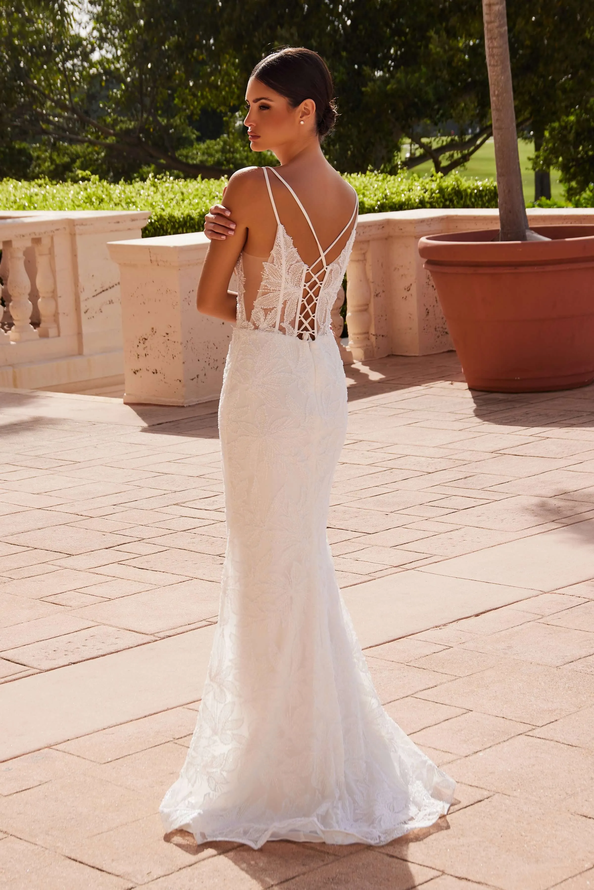 NOX ANABEL C1628W Detachable Skirt Beaded Long Wedding Dress